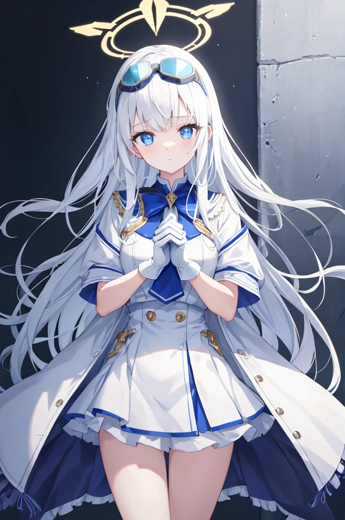 tmasterpiece，Extremely Delicately Beautiful,Two-dimensional exquisite painting style，Extremely meticulous and delicate,8K ，High quality，Ultra detailed，CG wallpaper,illustratio,Color background grayscale:1.1, A girl with straight white hair，blue color eyes，are standing，Look forward expressionlessly，white campus clothing，shawl outfit，Goggles on his head，，Her hands are naturally downward，white campus clothing，Little white hands，Wearing white gloves，Women's hands,solo，1girll，full bodyesbian，standing on your feet，Beautiful melon seed face，Big clear and bright eyes，Look straight ahead，face expressionleslue color eyes，Hands naturally downward，hands on both sides of the body，Women's hands，White hands，White gloves，There  a pair of small white wings on the back and waist