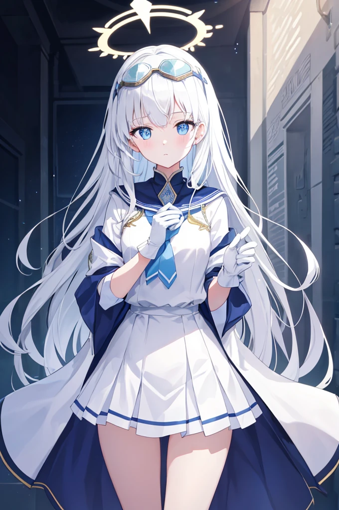 tmasterpiece,Extremely Delicately Beautiful,Two-dimensional exquisite painting style,Extremely meticulous and delicate,8K ,High quality,Ultra detailed,CG wallpaper,illustratio,Color background grayscale:1.1, A girl with straight white hair,blue color eyes,are standing,Look forward expressionlessly,white campus clothing,shawl outfit,Goggles on his head,,Her hands are naturally downward,white campus clothing,Little white hands,Wearing white gloves,Women's hands,solo,1girll,full bodyesbian,standing on your feet,Beautiful melon seed face,Big clear and bright eyes,Look straight ahead,face expressionleslue color eyes,Hands naturally downward,hands on both sides of the body,Women's hands,White hands,White gloves,There a pair of small white wings on the back and waist