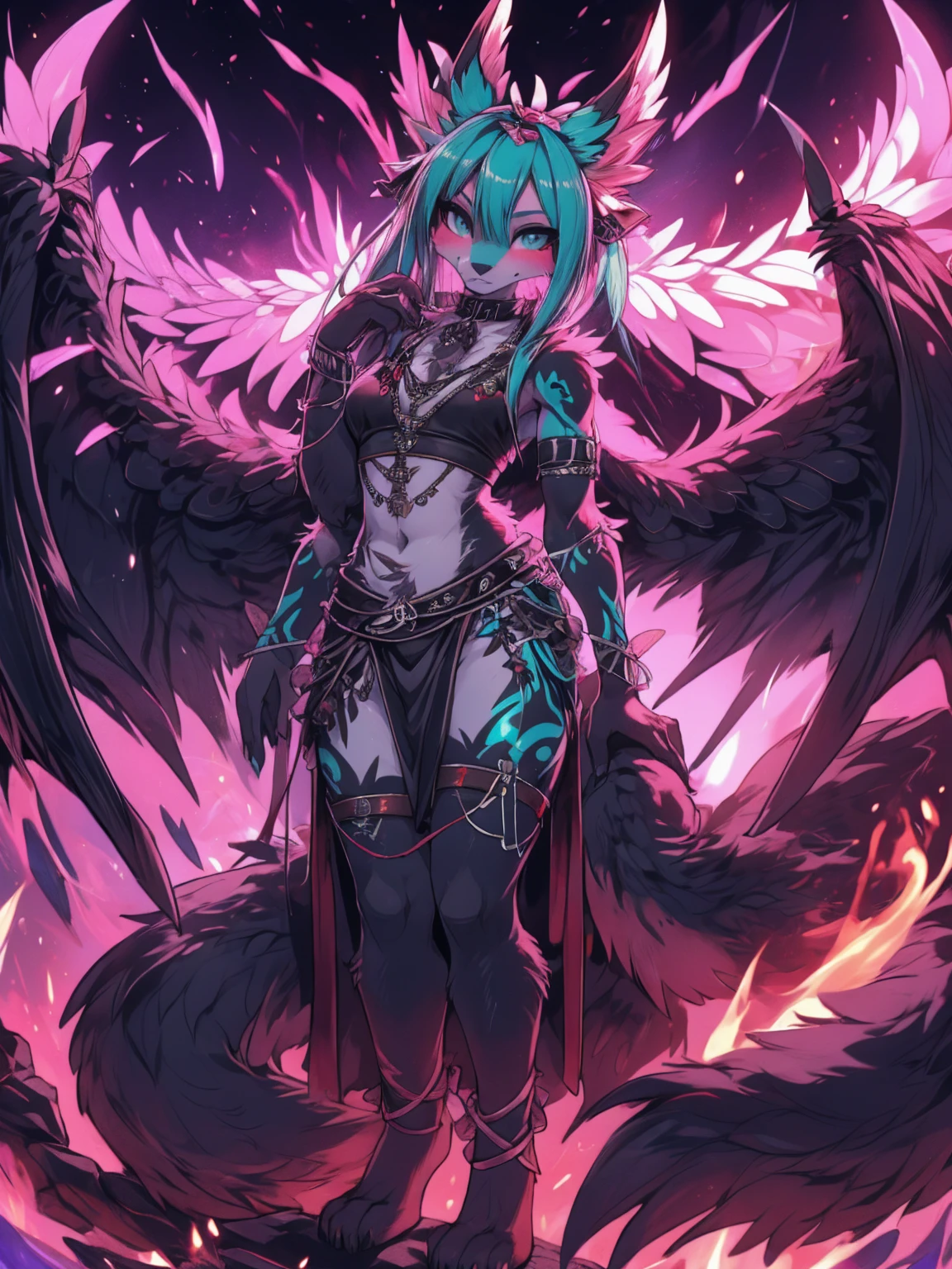 Miku Hatsune, add high definition_detail:1, blue fur,kitsune ears, tribal tattoo add_detail:1, in hell add_detail, giant black feather wings add_detail:1