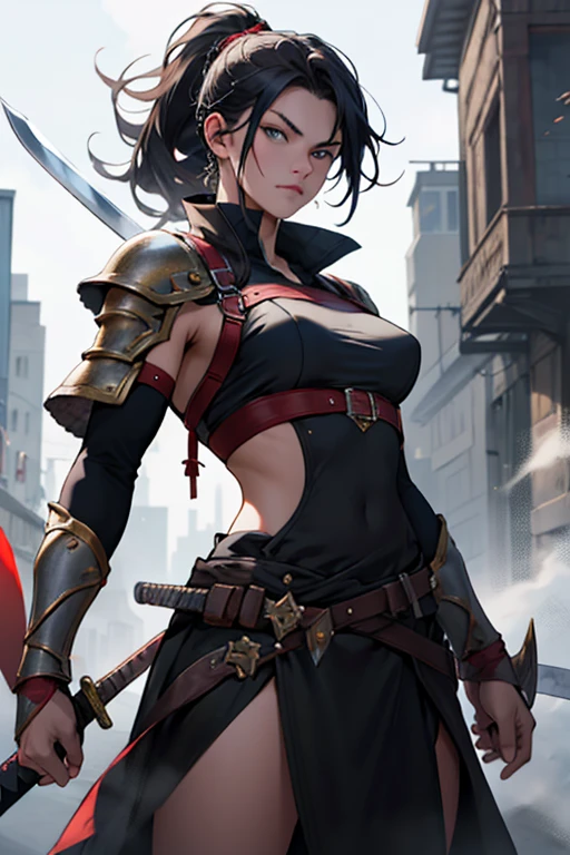 (high resolution, pixel perfect, gorgeous illustrations), (hyper quality, muste piece, etheric: 1.4), (((cowboy shot))), face focus, ((1girl)), (((Androgynous, boyish))), (((18 years old))), (((((punk))))), hot Rocker punk girl, ((((open stance)))), cool atmosphere, black hair, ((((very_short_hair, slicked_back_hair)))), ((((piercing)))), eyelid_piercing, nose_piercing, (((Exquisite face))), blush, tattoo, (((((((muscular_female))))))), (thick thighs, wide hips, Big breasts that are about to burst), fighter, ((((very hairy)))), samurai, (((naked_armor))), ((highleg_leotard_armor)), (((cameltoe))), sweat, shiny skin, gleaming skin, simple background,