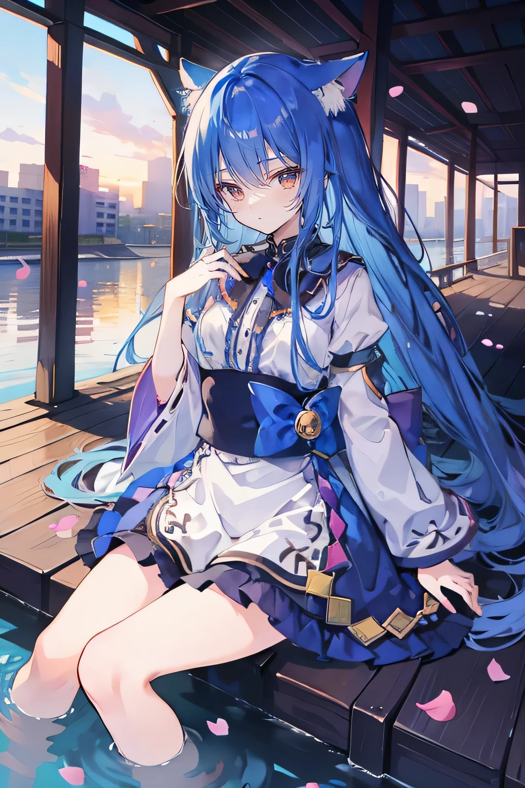 (masterpiece:1.2),Super detailed,lifelike,Expressive eyes,fair skin,perfect face shape,1 girl,
Japanese comics,Gorgeous blue hair,flowing blue hair,flowing clothes,Cat ears,Petals fall,beautiful lola,Baby Angel,
Shaking head with one hand,Cross your legs,,The pavilion is cool and comfortable,smile,back views,sunrise,Petals fall, winter,lie on the water,tokyo back views.
