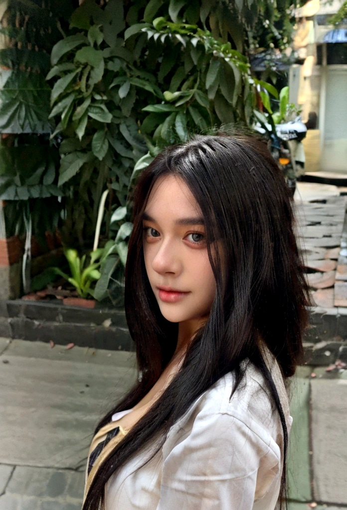 beautiful young woman with long black hair taking realistic selfie on the street, high quality background