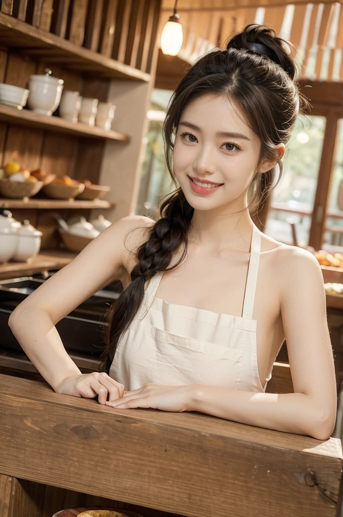 (((best quality))),(((ultra detailed))),(((masterpiece))),illustration,((1 beautiful young girl,solo)),((slim,thin)),((small breasts,flat chest)),(short ponytail:1.2),(laughing:1.2),stunning, radiant complexion, mesmerizing eyes,((sheer apron,bare arms,bare shoulder)),frilly, domesticity, playfulness, colorful patches, vegetables, cooking utensils, whimsical,delicate features, gentle smile, perfectly aligned teeth, contentment, warmth, friendliness, vibrant atmosphere, bustling,barbecue restaurant, wooden panels, hanging plants, cozy, earthy feel, scent of sizzling meats, spices, patrons, tables, meals, laughter, lively ambiance, gleaming wooden counter, checkout counter, assortment of bills, receipts, cash register, calm, collected, typing, precision, simplicity, joy, hard work, hospitality, culinary delights,((from front,upper body))