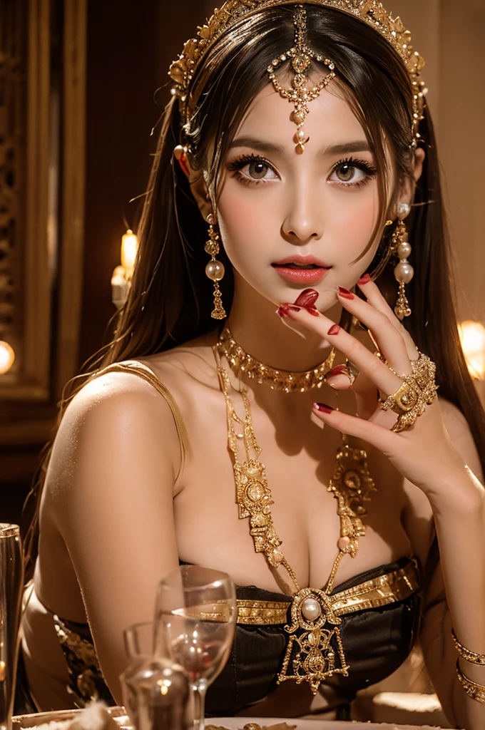 Illustrate Cleopatra at a lavish banquet in an ancient Egyptian palace. She is holding a goblet of wine and about to drop a large pearl into it. Cleopatra wears a magnificent dress and exquisite jewelry, with an expression of confidence and grandeur. The banquet table is laden with luxurious food and ornate decorations,