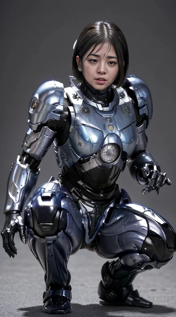 ((Middle-aged women))Textured skin, Super detailed, Attention to detail, high quality, 最high quality, High resolution, 1080P, , (Lie on your back)beautiful,(War Machine),beautifulサイボーグ女性,Mecha Cyborg Girl,()((Heavily damaged armor)),A woman with a feminine mechanical body、Kind Face Black-haired,Full Body Shot)、、A lot of sweat on the face、A blank look、Sleep on your back、Turn your face at an angle、Open your mouth((Sticking out tongue)、Smoke comes from the whole body((There are deep cracks in the armor all over his body.))(Short-haired Spread your legs is visible squat water Chiquita ((Embarrassed expression))