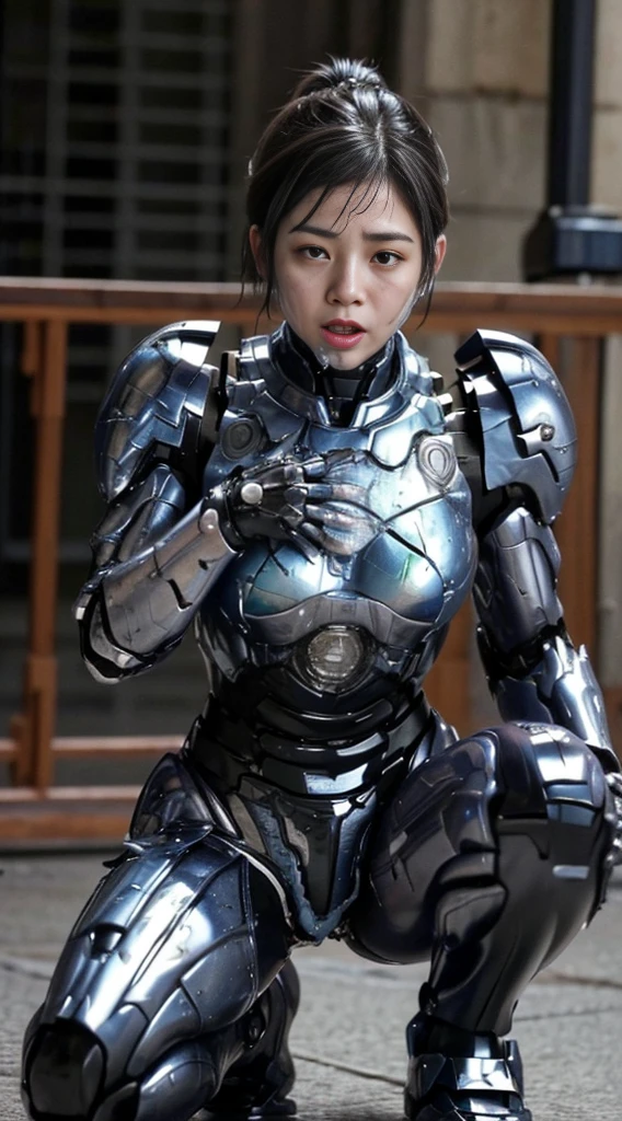 ((Middle-aged women))Textured skin, Super detailed, Attention to detail, high quality, 最high quality, High resolution, 1080P, , (Lie on your back)beautiful,(War Machine),beautifulサイボーグ女性,Mecha Cyborg Girl,()((Heavily damaged armor)),A woman with a feminine mechanical body、Kind Face　Black-haired,Full Body Shot)、、A lot of sweat on the face、A blank look、Sleep on your back、Turn your face at an angle、Open your mouth((Sticking out tongue)、Smoke comes from the whole body((There are deep cracks in the armor all over his body.))(Short-haired　Spread your legs　is visible　squat　water　Chiquita　((Embarrassed expression))