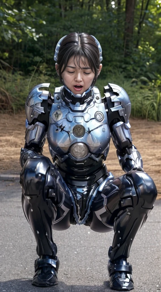 ((Middle-aged women))Textured skin, Super detailed, Attention to detail, high quality, 最high quality, High resolution, 1080P, , (Lie on your back)beautiful,(War Machine),beautifulサイボーグ女性,Mecha Cyborg Girl,()((Heavily damaged armor)),A woman with a feminine mechanical body、Kind Face　Black-haired,Full Body Shot)、、A lot of sweat on the face、A blank look、Sleep on your back、Turn your face at an angle、Open your mouth((Sticking out tongue)、Smoke comes from the whole body((There are deep cracks in the armor all over his body.))(Short-haired　Spread your legs　is visible　squat　water　Chiquita　((Embarrassed expression))