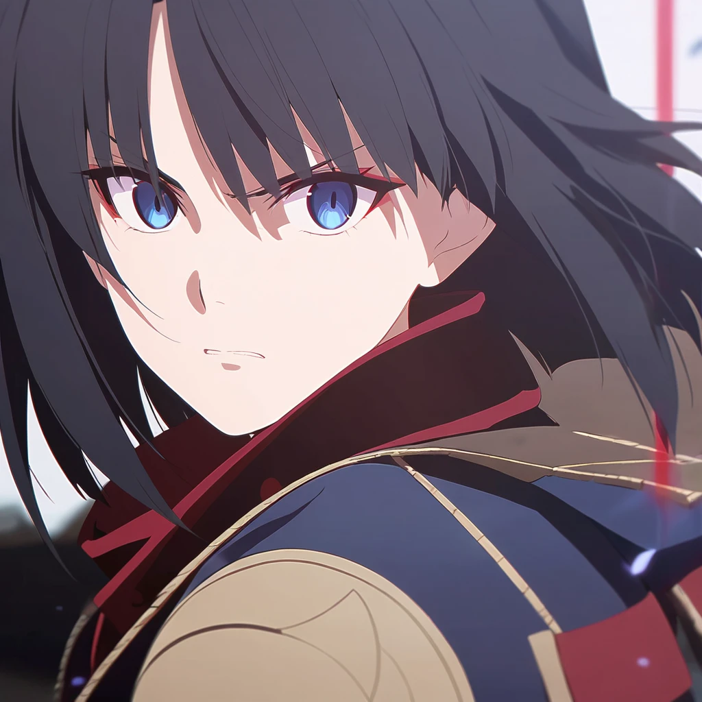 girl, anime, warrior, short hair with red and blue lines, pretty eyes, black hair, full leather, YOUNG, with a fringe in front, serious look
