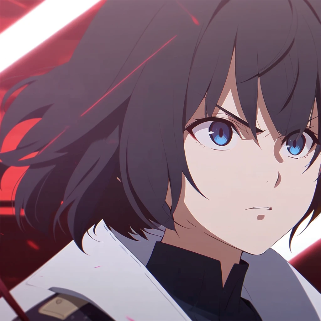 girl, anime, warrior, short hair with red and blue lines, pretty eyes, black hair, full leather, YOUNG, with a fringe in front, serious look