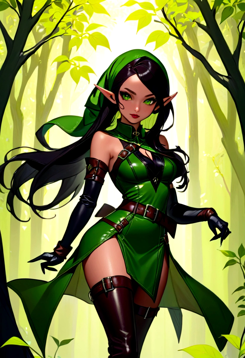 full body picture, anime style, female sexy elf ranger in fantasy forest, beautiful raven-haired elf woman, round hips, slender waist and shoulders, small perky chest, green double slit ranger uniform mini-dress with upper part bodice-style shoulderless, same length double slits on dress, thigh-high black belted leather stiletto high heeled belted boots, stiletto thigh-high leather high-heeled belted boots, leather gloves, green bandana tied over hair, brown belt on waist, long raven colored hair, green eyes, sultry smile, dark lips, dark lipstick, black eyeshadow, green headscarf covering top of head,