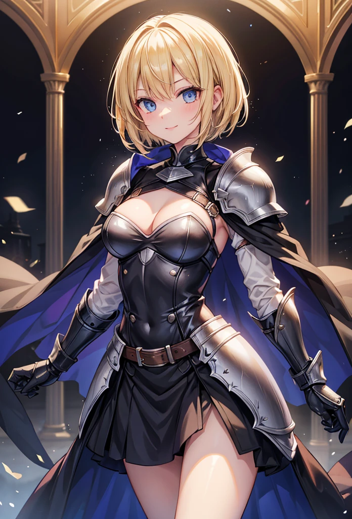 slender, mature female, solo, blonde_hair, closed_mouth, holding, 1girl, blue_eyes, armor, shoulder_armor, gauntlets, gloves, knight, cape, belt, pauldrons, armored_dress, bangs, lips, short_hair, long_sleeves, dress, white_lily, looking_at_viewer,smile, light_smile,nblack_gloves, leotard, vambraces, buttons,  fine_art_parody