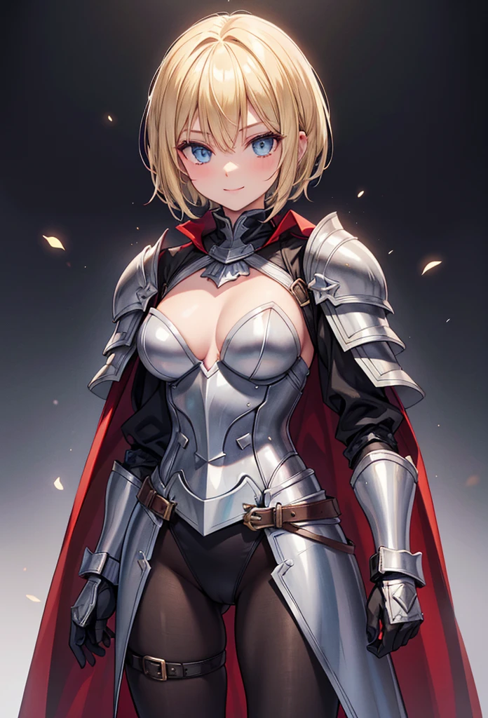 slender, mature female, solo, blonde_hair, closed_mouth, holding, 1girl, blue_eyes, armor, shoulder_armor, gauntlets, gloves, knight, cape, belt, pauldrons, armored_dress, bangs, lips, short_hair, long_sleeves, dress, white_lily, looking_at_viewer,smile, light_smile,nblack_gloves, leotard, vambraces, buttons, fine_art_parody