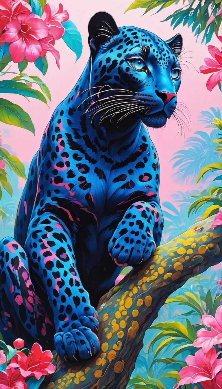 The black leopard sat only on the branch, in the style of vibrant pop surrealism, Royal blue eyes，light pink and light crimson, realistic hyper-detail, enigmatic tropics, thick paint layers, realistic depictions, dot-painted colors, optical blending