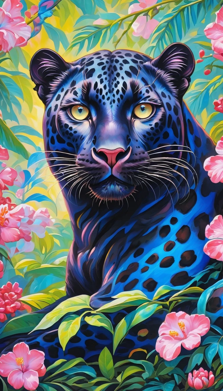 The black leopard sat only on the branch, in the style of vibrant pop surrealism, Royal blue eyes,light pink and light crimson, realistic hyper-detail, enigmatic tropics, thick paint layers, realistic depictions, dot-painted colors, optical blending