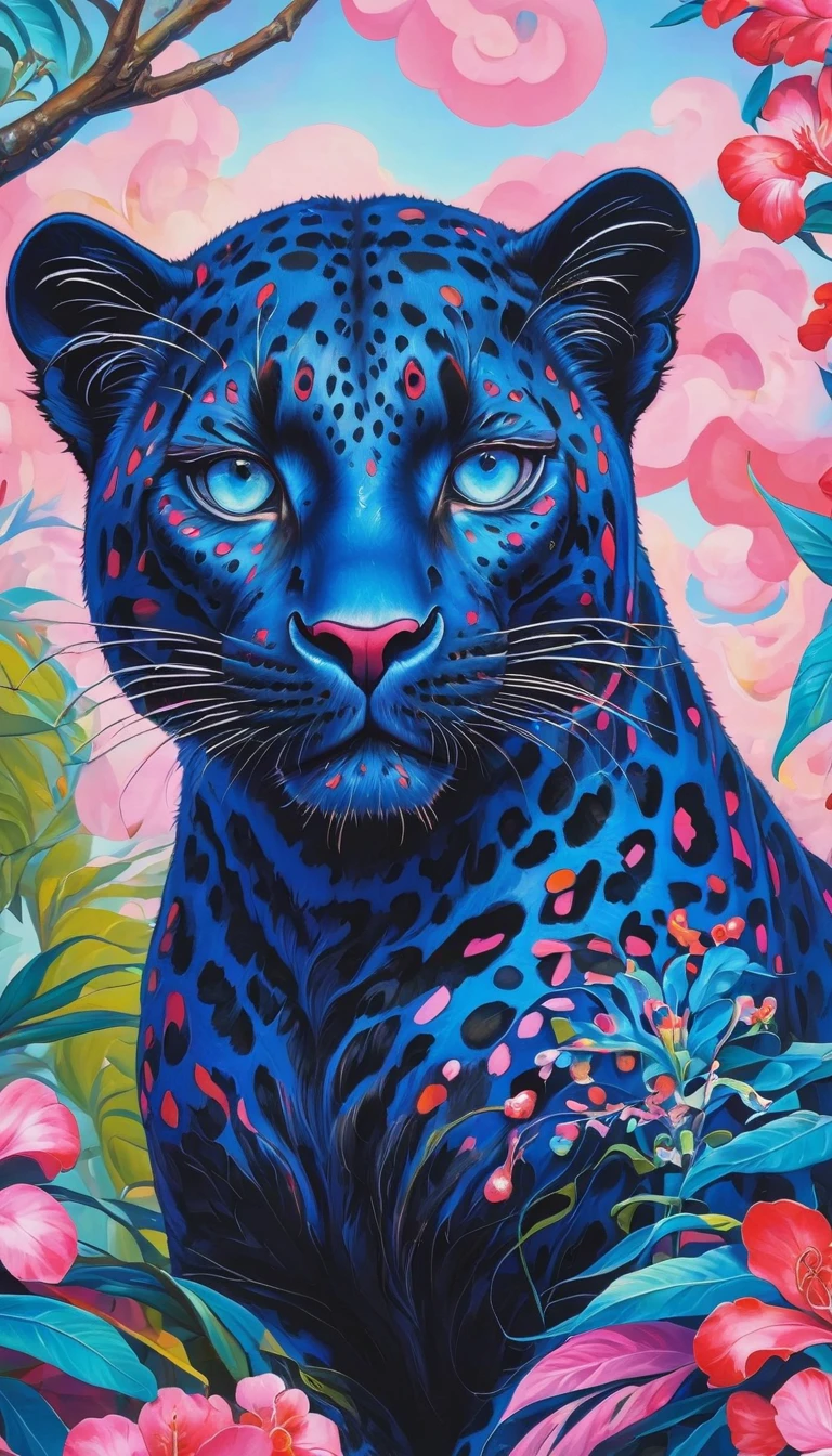 The black leopard sat only on the branch, in the style of vibrant pop surrealism, Royal blue eyes,light pink and light crimson, realistic hyper-detail, enigmatic tropics, thick paint layers, realistic depictions, dot-painted colors, optical blending
