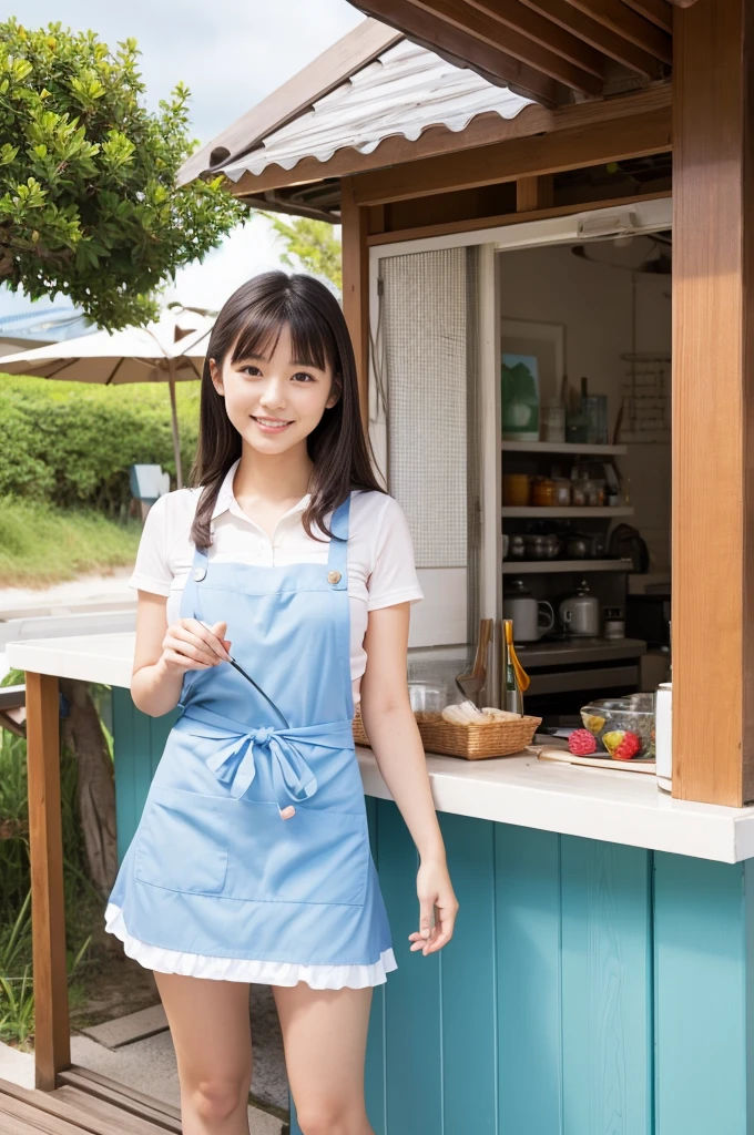 Pretty 22 year old woman（Japanese face）Wearing an apron and a super miniskirt、Being at the beach house