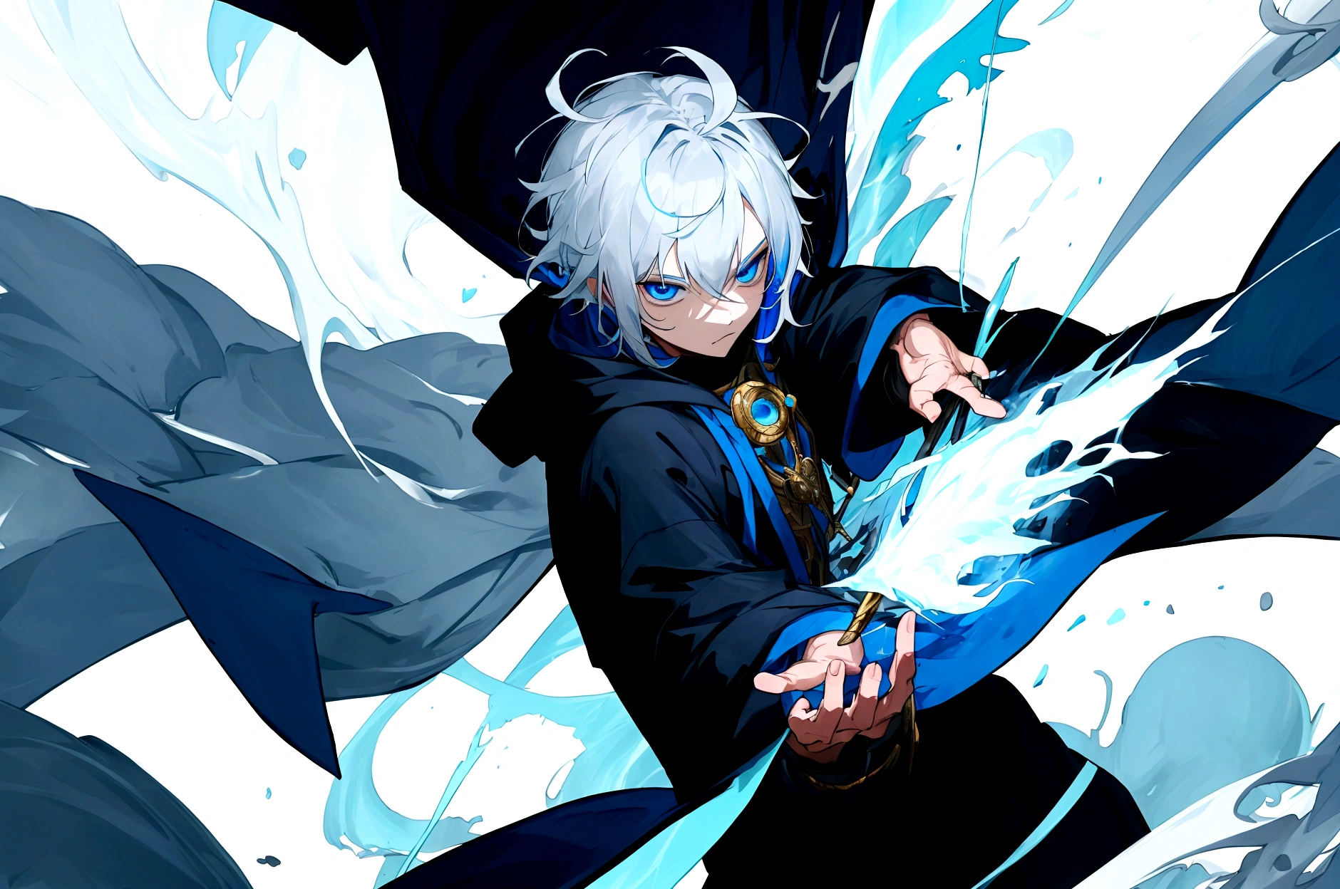 Sorcerer Divine Soul man, he has a silver hair and blue eyes, he wear a hood.