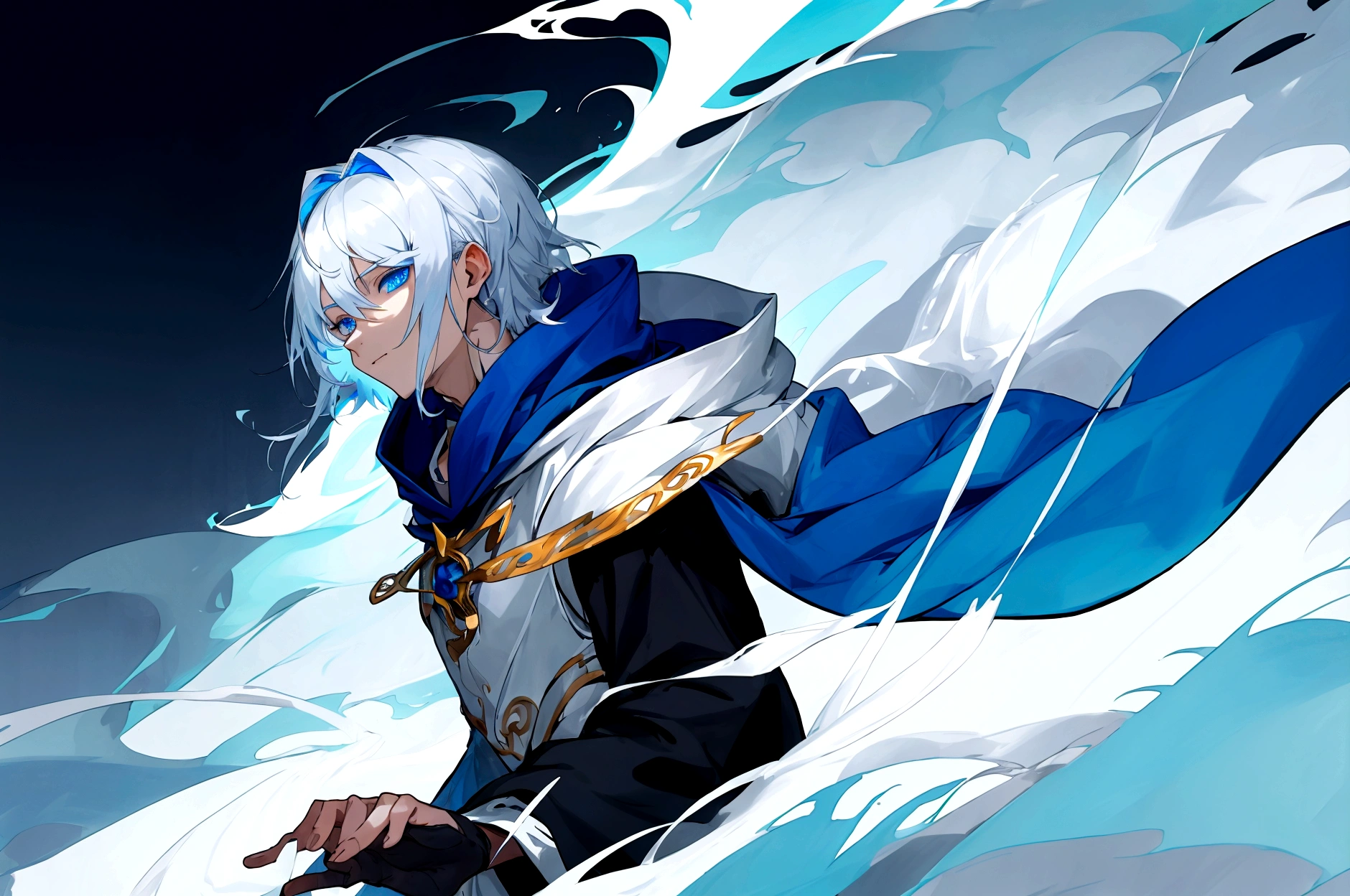 Sorcerer Divine Soul man, he has a silver hair and blue eyes, he wear a hood.