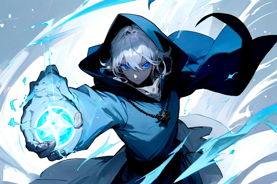 Sorcerer Divine Soul man, he has a silver hair and blue eyes, he wear a hood.