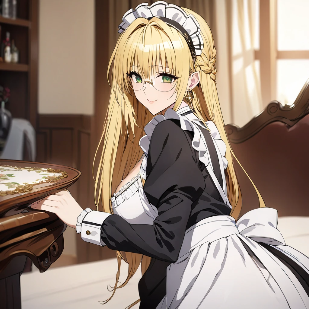 The luxurious and high-class Victorian maid outfit is evenly decorated with gorgeous gold embroidery and edging, and the blouse, apron, and headband also have gorgeous gold embroidery and edging.、((Highest quality)), ((masterpiece)), (detailed), (Perfect Face)、The woman is Tierre, with green eyes, medium-long blonde hair, a Victorian maid outfit and maid headband, jeweled earrings, and an engagement ring.、The woman is smiling fondly in a luxurious room、The Victorian maid uniform is a calm, old-fashioned type with long sleeves and a long skirt, decorated with luxurious gold embroidery and edging.