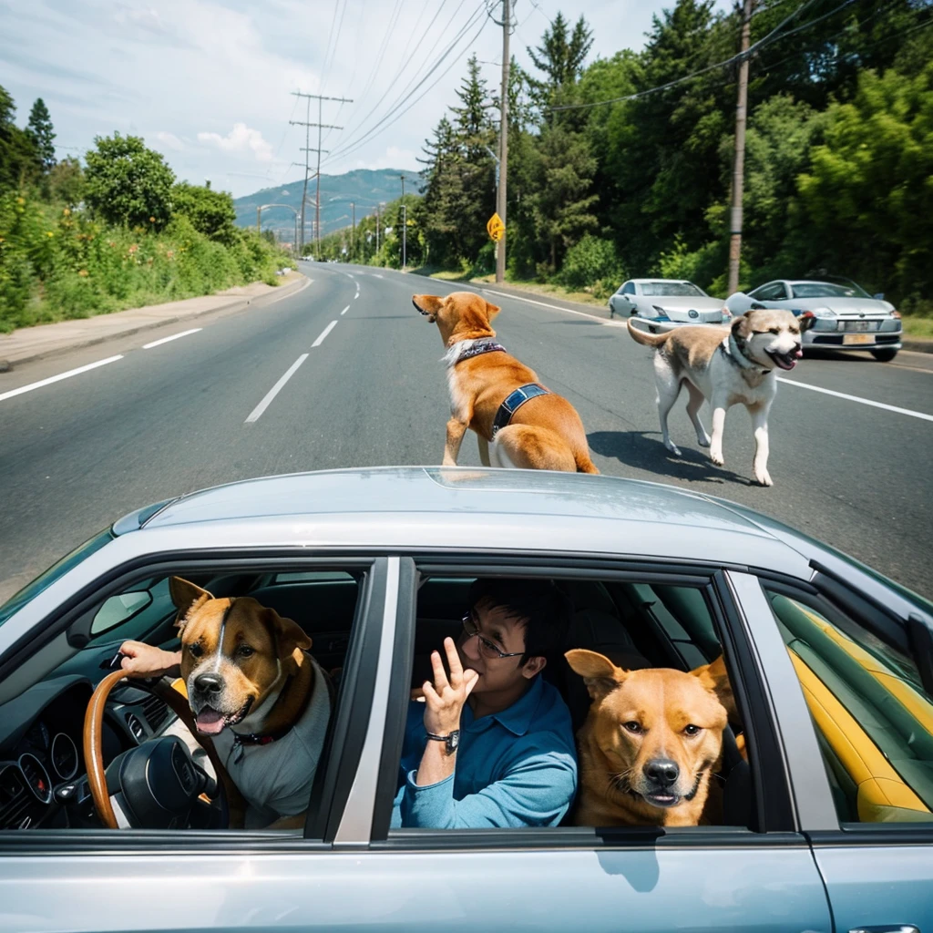 A dog driving a car and a man chasing the car