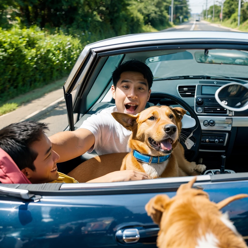 A dog driving a car and a man chasing the car