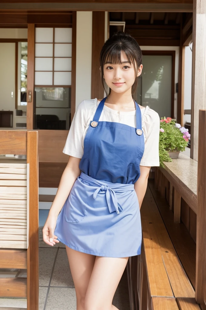 Pretty 22 year old woman(Japanese face)Wearing an apron and a super miniskirt、Being at the beach house
