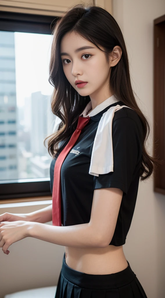 （8K，best quality，masterpiece：1.2），（In reality，realistic：1.4），（RAW photos）,perfect details，18-year-old South Korean female model，Korean beautiful girl，Goose egg face shape，wavy curly hair，pure desire，((upper body：5 Point Shirt，black shirt，(Little Red Tie)，short sleeve，Crop topping))，(private part：Skirt that hugs the buttocks，black)，Wear pantyhose and sneakers，chest이 크다，chest，Butt Lift，hotel，rooms，window