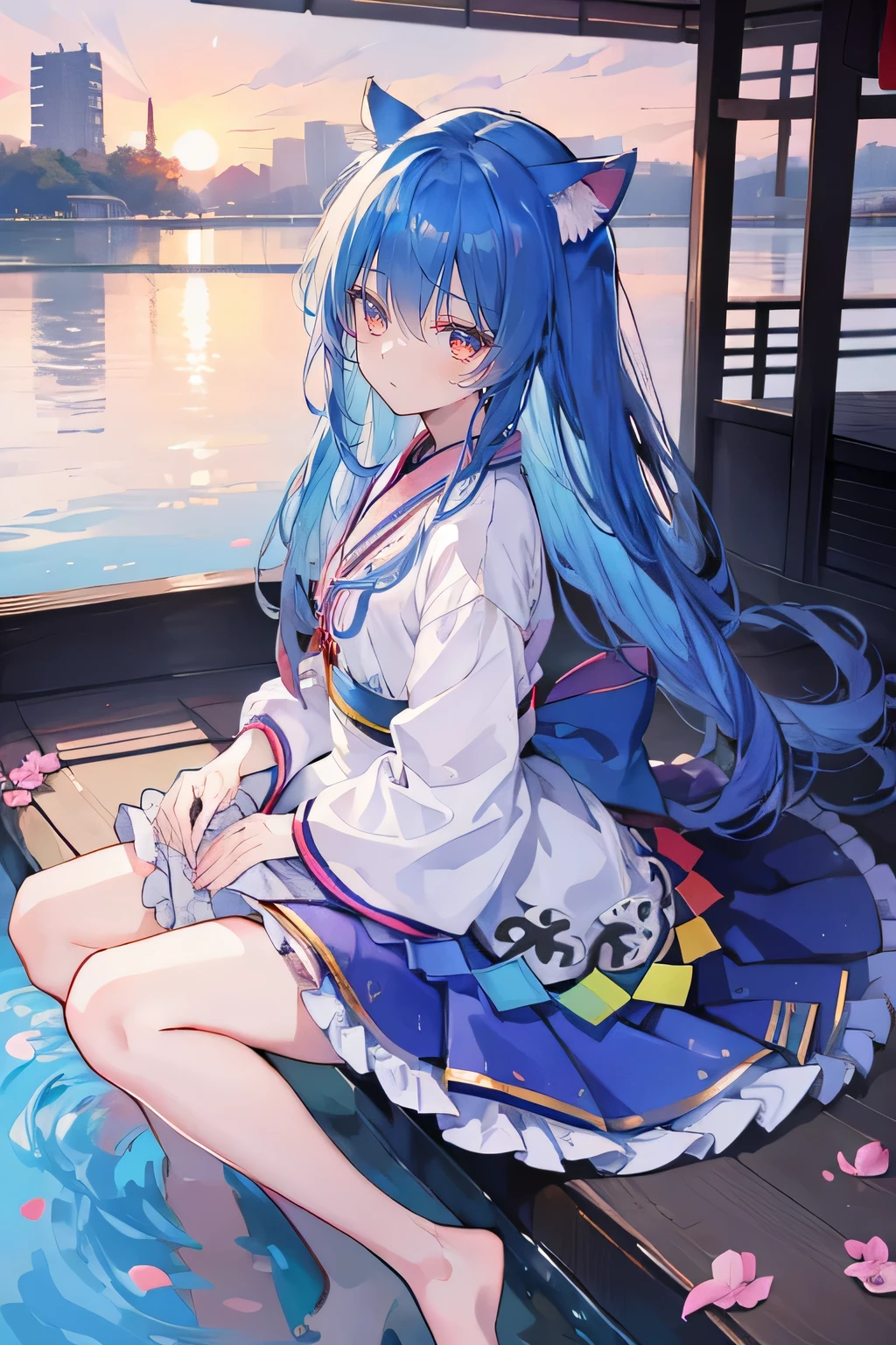 (masterpiece:1.2),Super detailed,lifelike,Expressive eyes,fair skin,perfect face shape,1 girl,
Japanese comics,Gorgeous blue hair,flowing blue hair,flowing clothes,Cat ears,Petals fall,beautiful lola,Baby Angel,
Shaking head with one hand,Cross your legs,,The pavilion is cool and comfortable,smile,back views,sunrise,Petals fall, winter,lie on the water,tokyo back views.