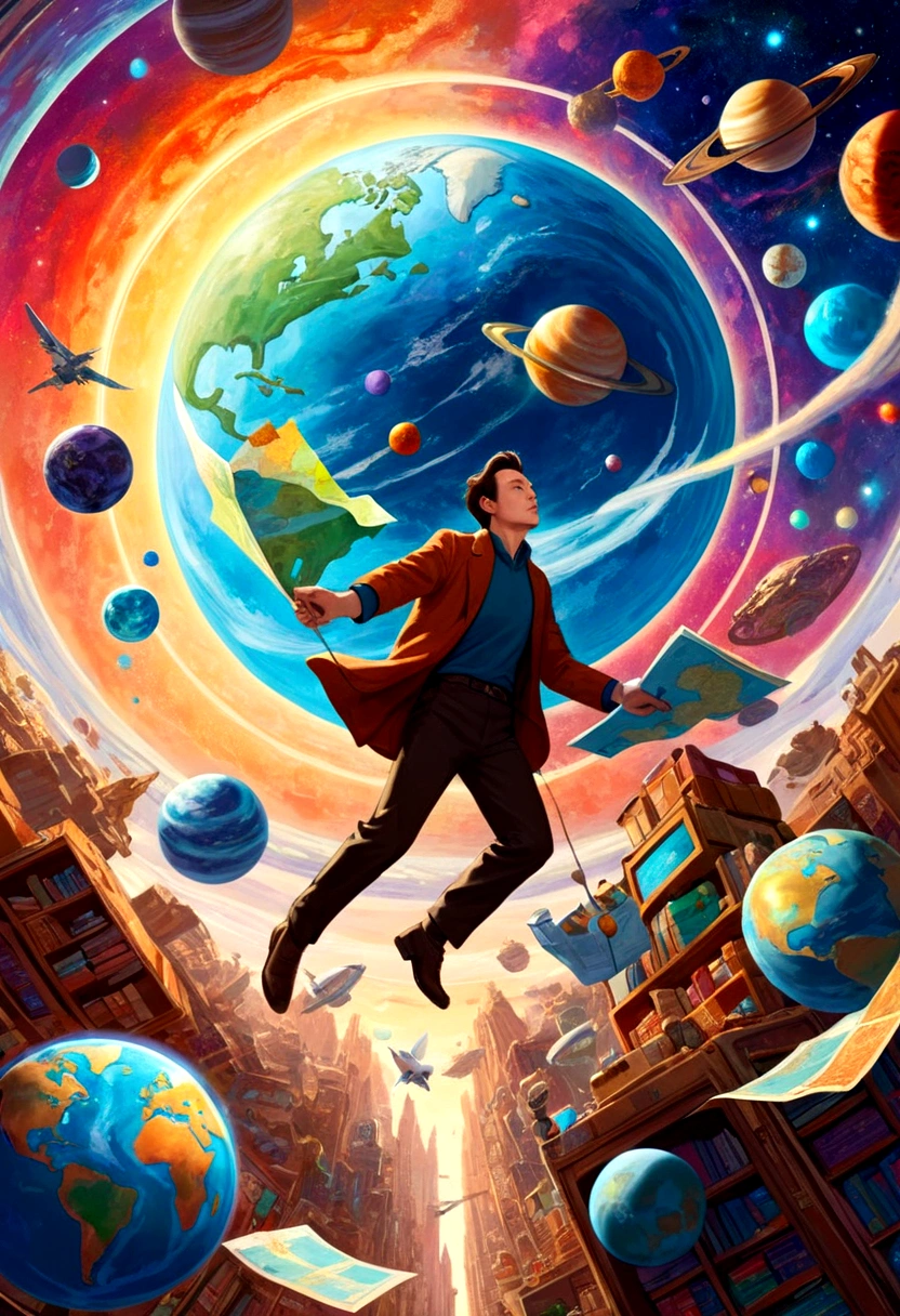 A man flies through the sky,Surrounded by a planet,A variety of goods surround it。The man holds the map,abstract。
