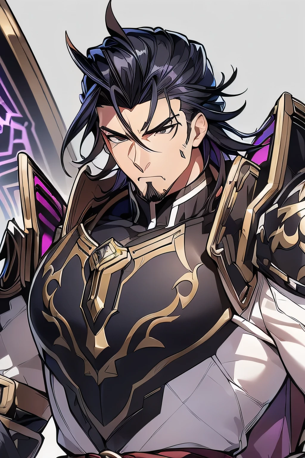(Simple white background, Genshin Impact muscular male character, unique character, serious appearance, black suite, short, wavy and black hair, slicked back, goatee, visual novel, detailed black armor, high quality, cinematic, pose de poder, intricate details, vibrant colors, masterpiece, Genshin Impact, purple jewel on a golden coat of arms
