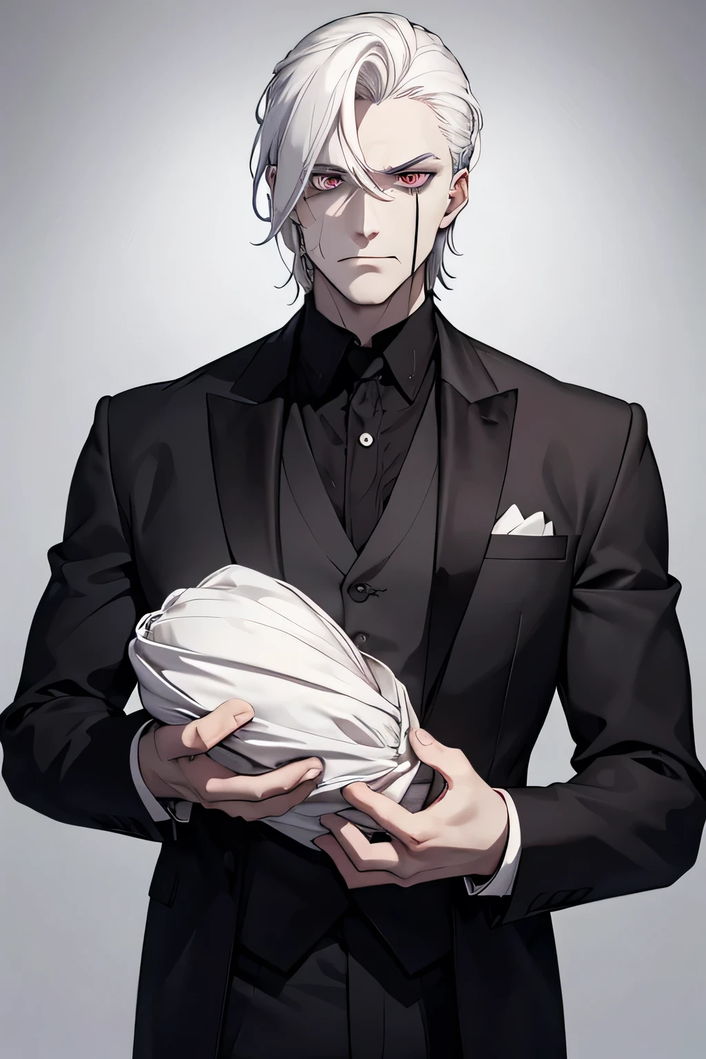 Male. undead, Pale ,dark bags under eyes, dead white hair, emotionless, tall, large burly, wearing a butler suit.