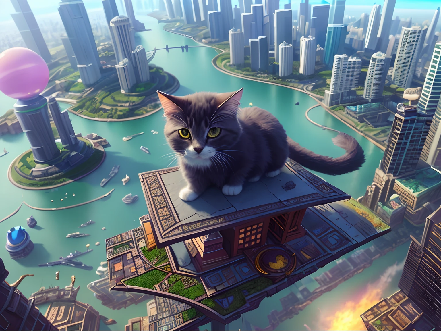 there is a cat sitting on top of a building in a city, fantasy matte painting，cute, world boss kitten, 4k highly detailed digital art, adorable digital painting, perched on a skyscraper, trending on artstation 4k, cute detailed digital art, 3 d epic illustrations, ultra realistic 3d illustration, trending on cgstation
