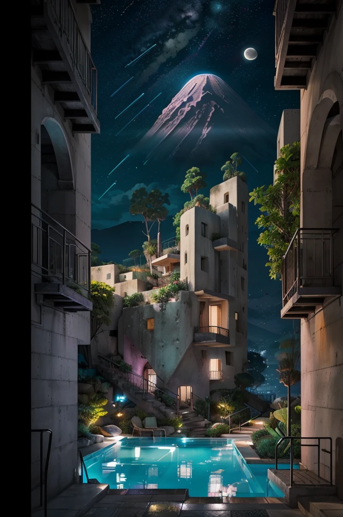 anime (best-quality:0.8), (best-quality:0.8), perfect anime illustration, we've been trying to reach you about your cars extended warranty, An illustration in collage style, with giant boulders, brutalist building sections, terraces, stairs, cacti, agave, concrete texture, multiple geometric shapes, hatch and cross hatching, planet saturn, volcano, moon, Luis Barragán's architectural style build, milky way galaxy, violet, one motorcycle, An illustration in collage style, with giant boulders, brutalist building sections, stairs, cacti, agave, concrete texture, multiple geometric shapes, hatch and cross hatching, planet saturn, volcano, moon, Luis Barragán's architectural style build, reflective pool, terraces. An elegant and modern build, in top of big boulders, with terraces, materials concrete, wood, steel and crystal, various gardens with tropical vegetation, cacti and rocks, stairs, a pool. In middle of sea, a big wave near, sunset, mountains and a volcano in the horizont, cute islands around, illustration format, cute color palette, detailed, masterpiece, award-winning work A 1999 Nissan GTR in Tron form r34 horizonte Lamborghini under a pink and purple sky, an anime drawing by Makoto Shinkai, trending on pixiv, magical realism, beautiful anime scene, cosmic skies. by makoto shinkai, ( ( makoto shinkai ) ), by makoto shinkai, anime background art, style of makoto shinkai