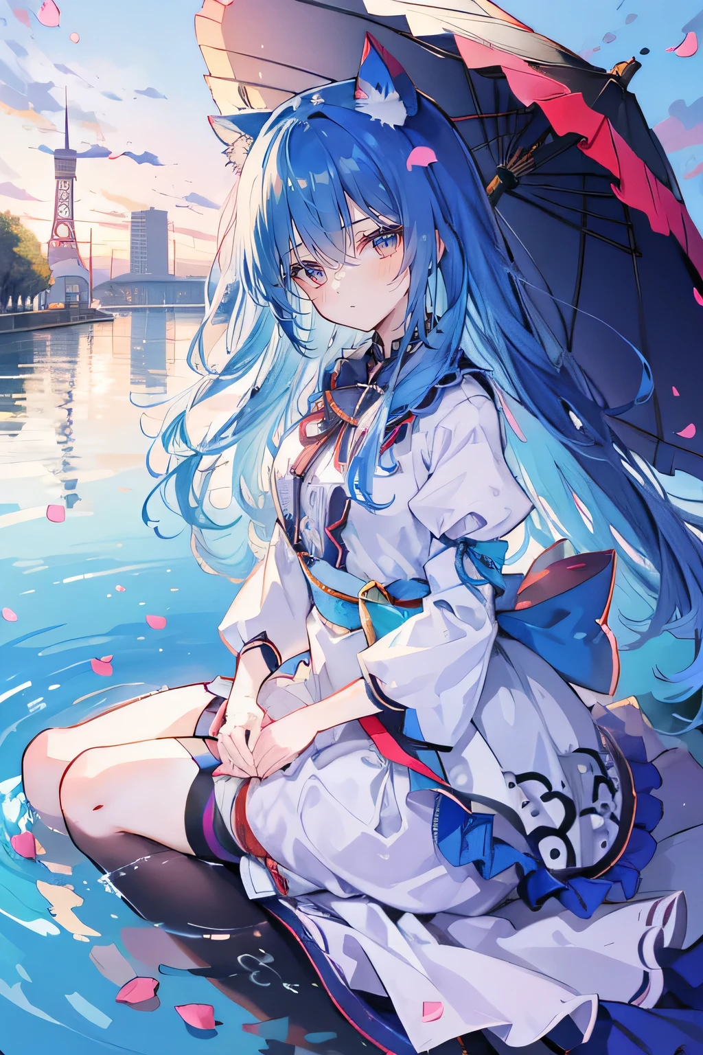 (masterpiece:1.2),Super detailed,lifelike,Expressive eyes,fair skin,perfect face shape,1 girl,
Japanese comics,Gorgeous blue hair,flowing blue hair,flowing clothes,Cat ears,Petals fall,beautiful lola,Baby Angel,
Shaking head with one hand,Cross your legs,,The pavilion is cool and comfortable,smile,back views,sunrise,Petals fall, winter,lie on the water,tokyo back views.