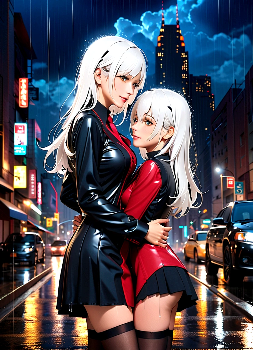 ,twins,White hair,Stockings,Mature female,rain,Night City
