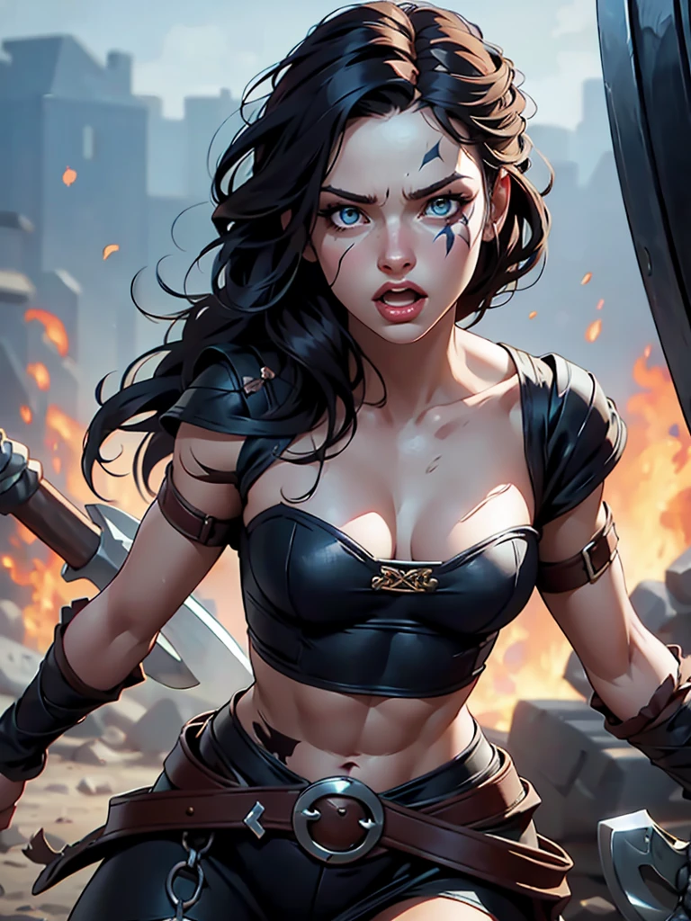 1 woman, mature woman, solo focus, 25 years old, beautiful Swedish woman, brutish, toned body, braided hair, viking costume, toned abs, medium breasts, bluish eyes, holding battle axe, screaming, masterpiece, ultra HD, insane details, realistic, detailed face, face paint, detailed skin texture, background battle field, dynamic angle, sultry look, seductive,
