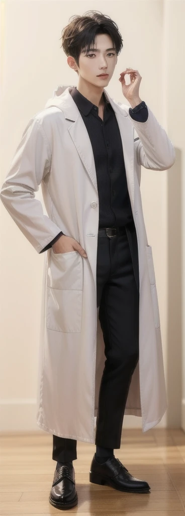 (Fair skin),(know),Iris,(gender: Natural Face),(Japanese),(leather shoes),long body,handsome young asian man, Japanese idol style, short clean-cut hair, ((center part)), white lab coat, black hoodie underneath, calm confident expression, hands in lab coat pockets, plain white background, portrait, high quality, detailed, 8K