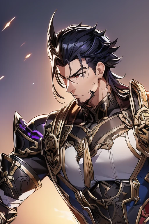 (Simple white background, Genshin Impact muscular male character, unique character, serious appearance, black suite, short, wavy and black hair, slicked back, goatee, visual novel, detailed black armor, high quality, cinematic, pose de poder, intricate details, vibrant colors, masterpiece, Genshin Impact, purple jewel on a golden coat of arms,