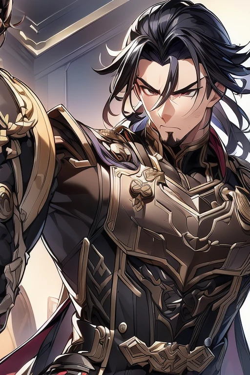 (Simple white background, Genshin Impact muscular male character, unique character, serious appearance, black suite, short, wavy and black hair, slicked back, goatee, visual novel, detailed black armor, high quality, cinematic, pose de poder, intricate details, vibrant colors, masterpiece, Genshin Impact, purple jewel on a golden coat of arms,