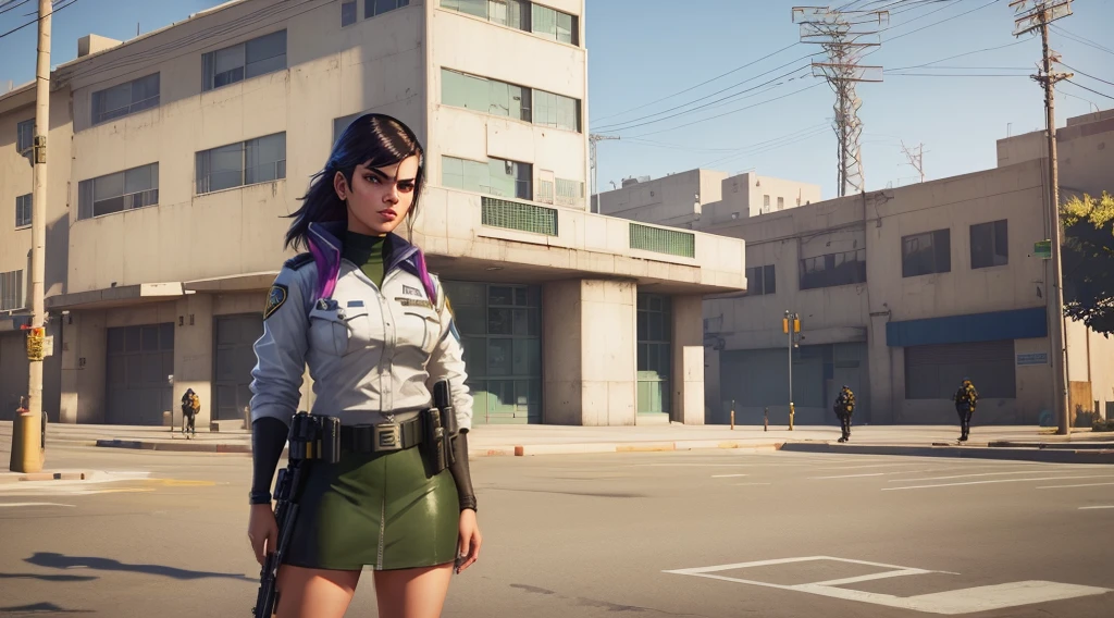 Arafed image of a girl in uniform standing in front of a building., sheriff woman, Estilo urbano GTA V, gta 6 style, en GTA V, GTA 5 Cinematic Screenshot
