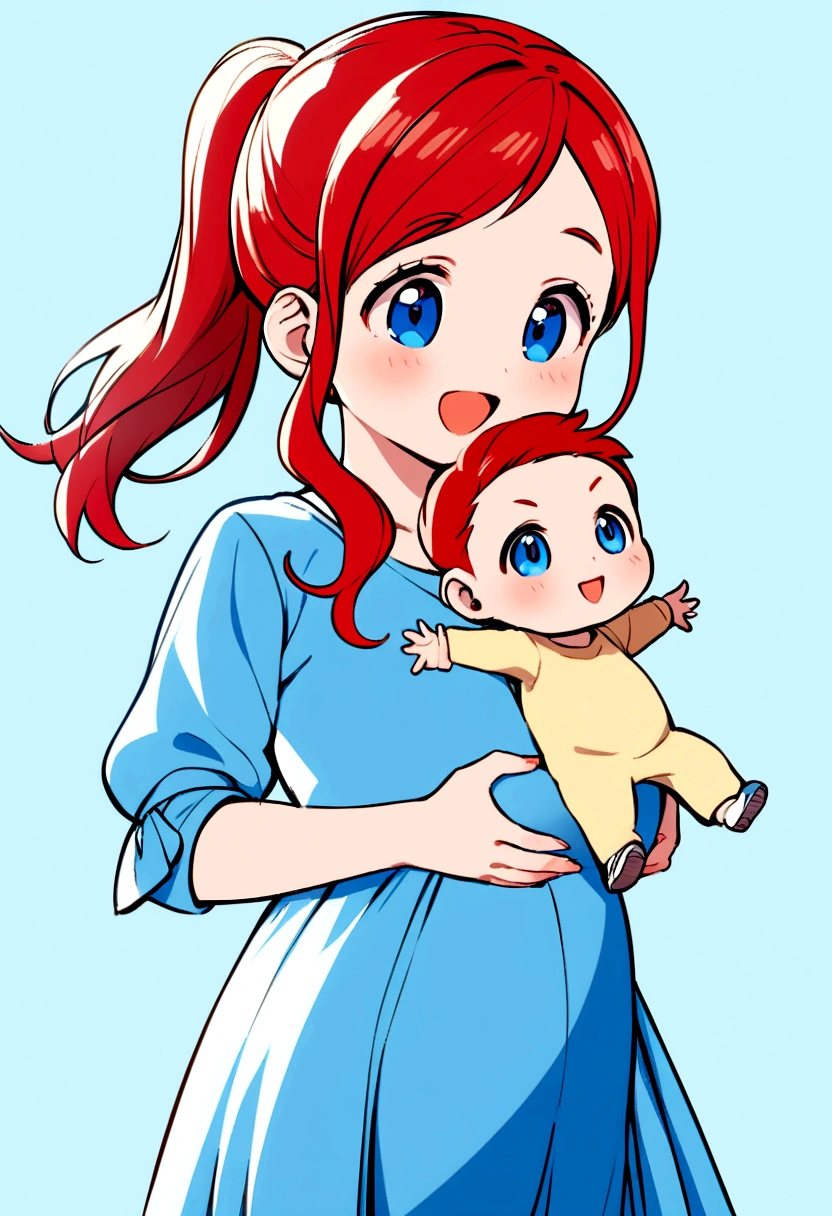 pregnant cute cool young girl with red ponytail hair, blue eyes, blue top shirt, blue skirt and blue boots, happy, no background