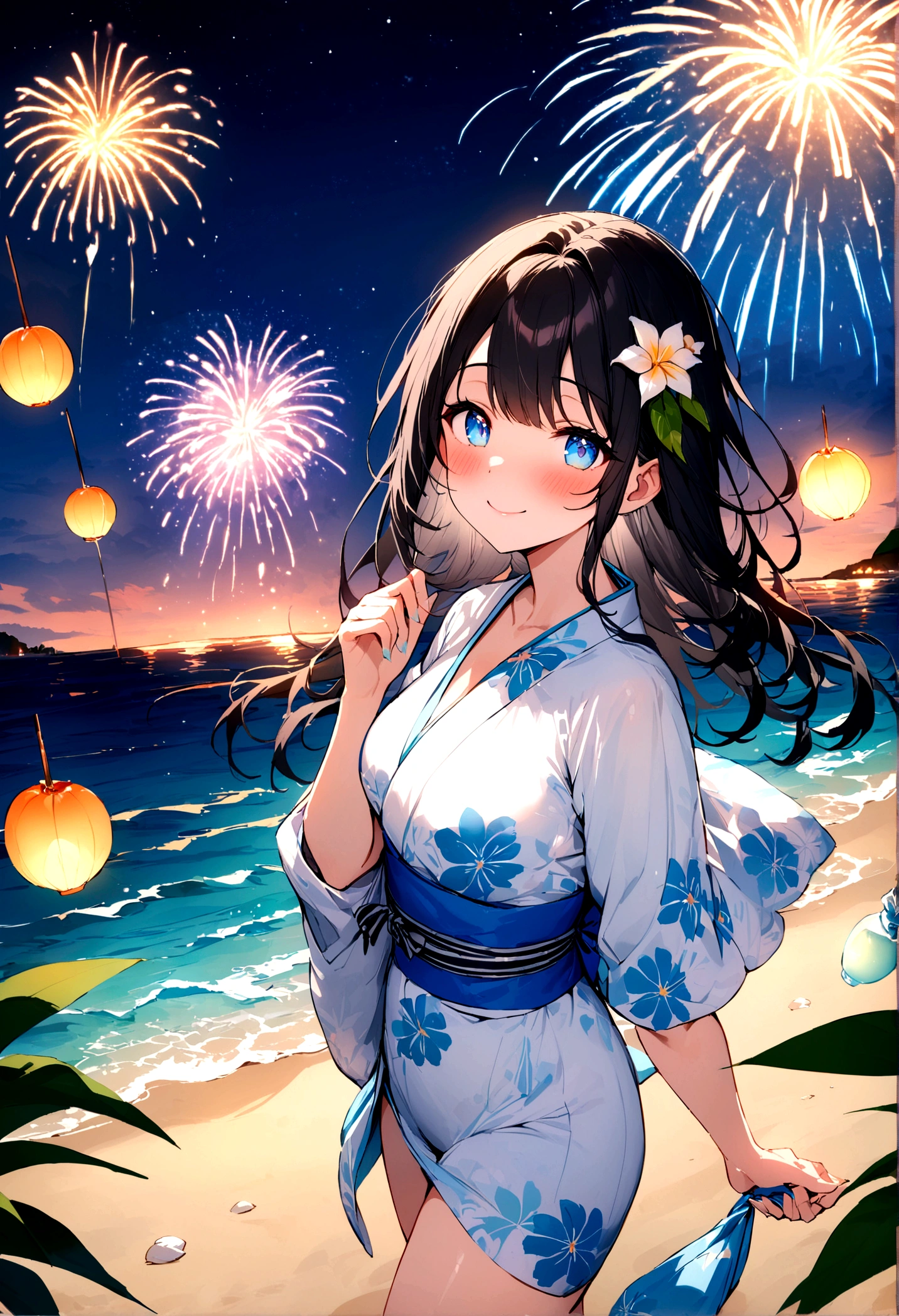 masterpiece, best quality, Summer Kimono,Light-colored kimono,White-headed flower,Blue Eyes,firework, firefly,Beach, Smile, Night Sky, Black hair,((Walk by the sea)),blush