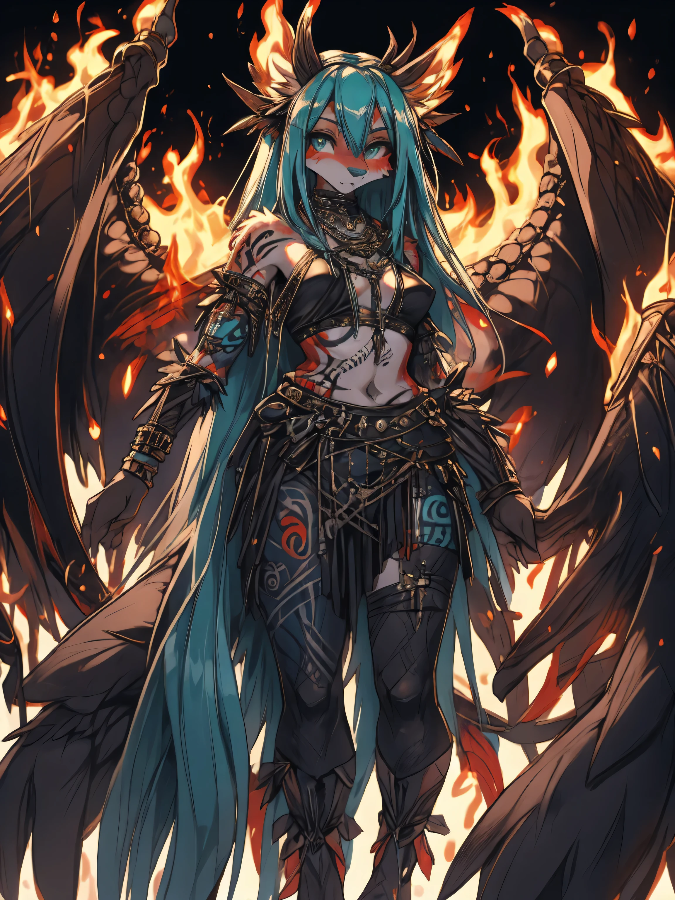 Miku Hatsune, add high definition_detail:1, blue fur,kitsune ears, tribal tattoo add_detail:1, in hell add_detail, giant black feather wings add_detail:1