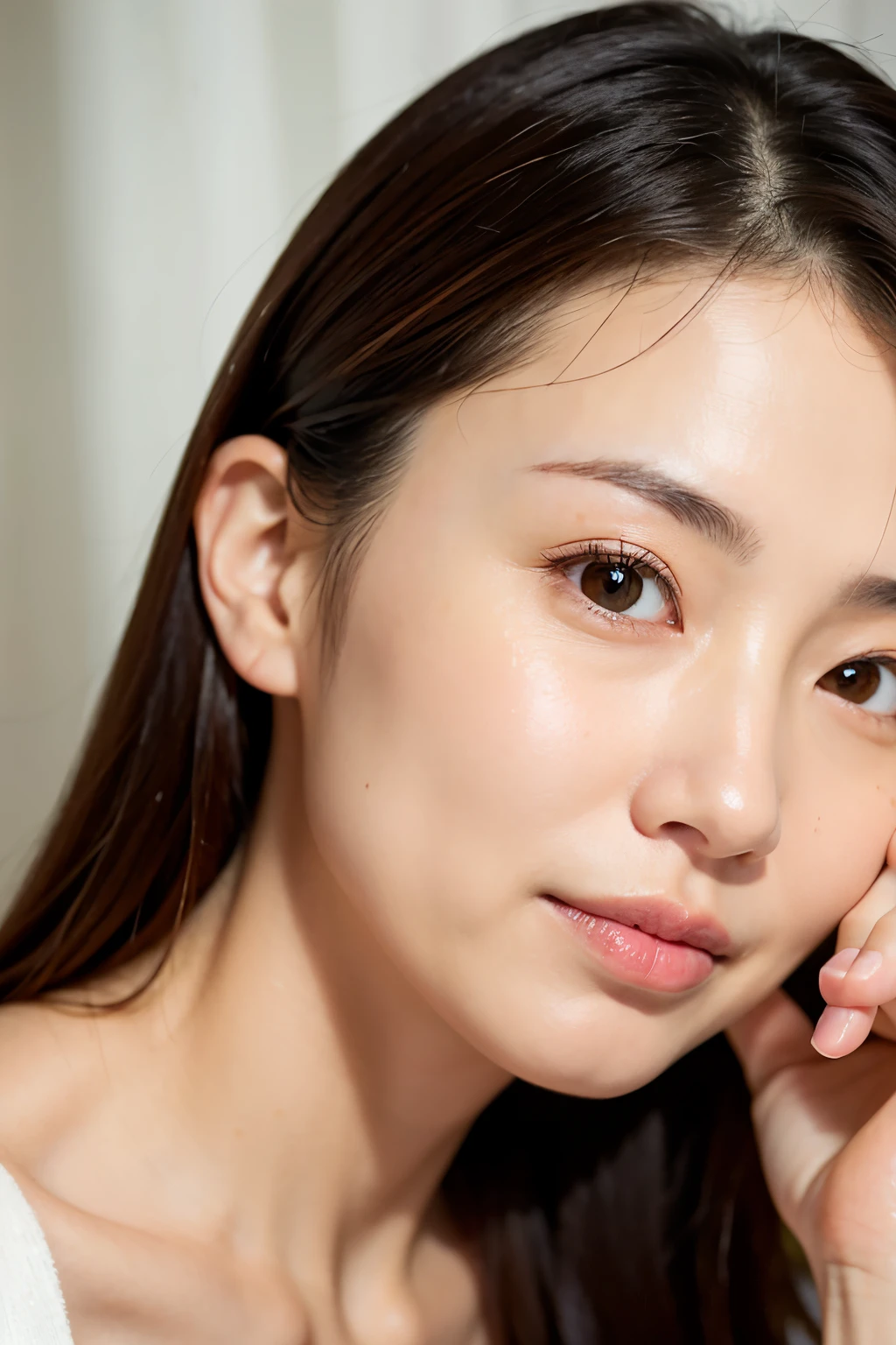 skin care,woman,Clear skin in her 40s,No makeup,Hold your cheek,Look away from the camera,Japanese,Worry about your pores,Beauty