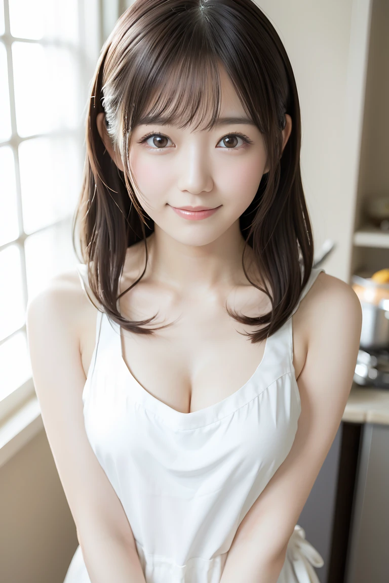 (Highest quality、Tabletop、8K、Best image quality、Award-winning works)、1. pretty girl、(Naked and in a perfect white apron:1.2)、Perfect girl portrait photo、Glowing Skin、Brown Hair、(Cleavage:1.1)、(Large Breasts:1.1)、Accentuate your body lines、Standing Elegantly、(Face close-up:1.4)、Woman looking up at me、Cute Smile、(The simplest kitchen background:1.1)、(Strongly blurred background:1.1)