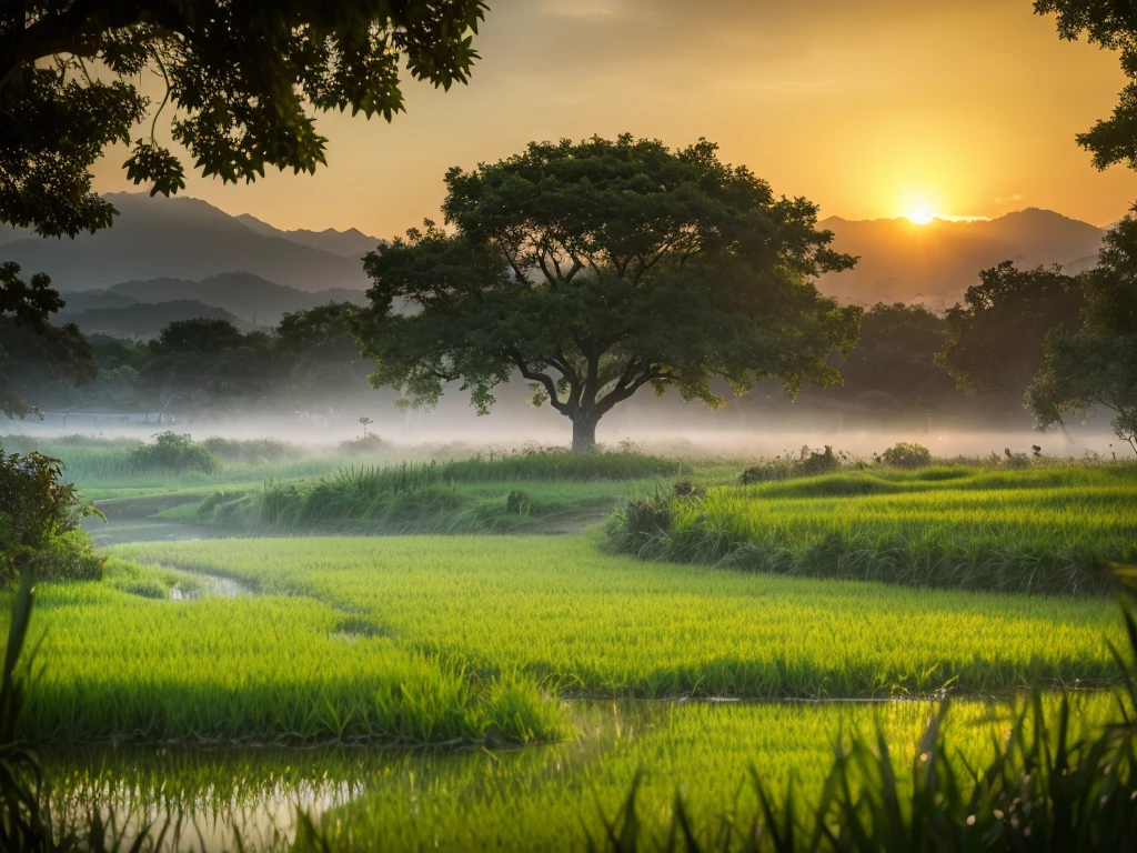 A serene rice field, lush green foliage, golden sunset sky, atmospheric lighting, picturesque landscape, idyllic rural scenery, tranquil pond reflection, silhouetted trees, vibrant colors, stunning natural beauty, (best quality,4k,8k,highres,masterpiece:1.2),ultra-detailed,(realistic,photorealistic,photo-realistic:1.37),landscape,dramatic lighting,warm color palette,ambient occlusion,depth of field,volumetric fog