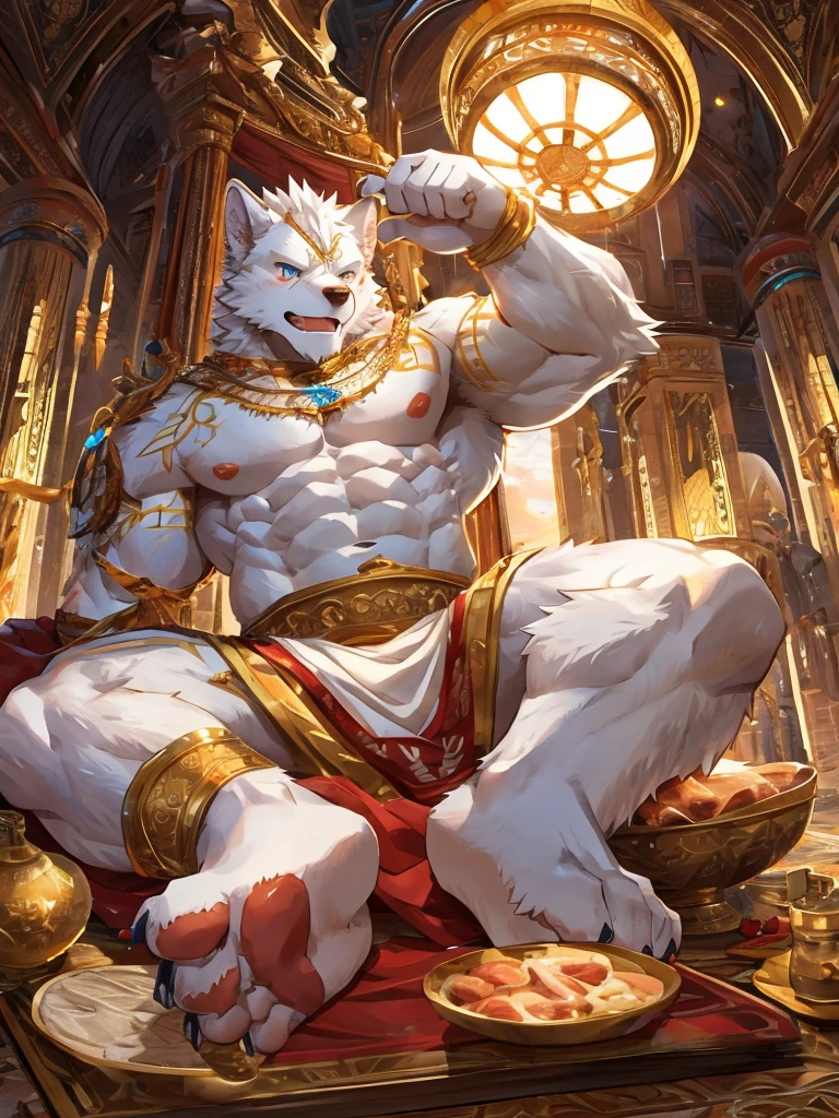 embedding:white wolf, male,best quality eyes,Single person,Toga,Costumes of ancient Greece,Gold decoration,White halo overhead,Sacred tattoos,sacred,Expressions and movements full of divinity,Feet to the camera,pink footpads,The soles of your feet face the camera,A fine meat pad,The highest quality of scene detail,adult,Tall and powerful,muscle,Best quality hands, best quality eye,detailed fur,Delicate eyes.Extreme picture quality,by sollyz,by zixiong,by milkytiger1145