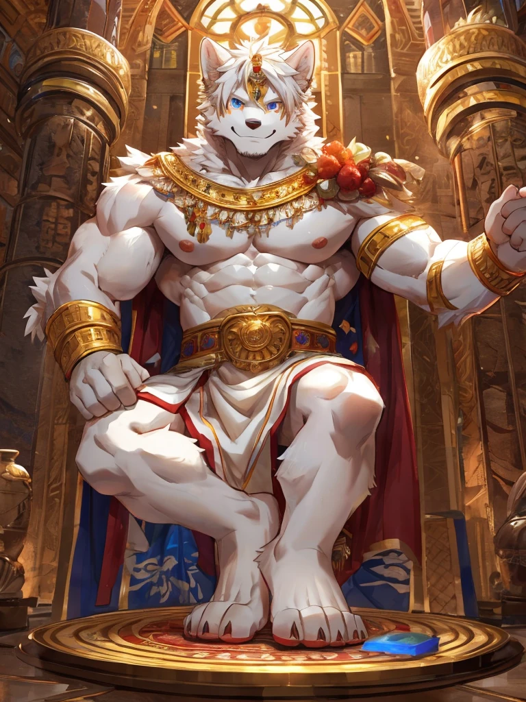 embedding:white wolf, male,best quality eyes,Single person,Toga,Costumes of ancient Greece,Gold decoration,White halo overhead,Sacred tattoos,sacred,Expressions and movements full of divinity,Feet to the camera,pink footpads,The soles of your feet face the camera,A fine meat pad,The highest quality of scene detail,adult,Tall and powerful,muscle,Best quality hands, best quality eye,detailed fur,Delicate eyes.Extreme picture quality,by sollyz,by zixiong,by milkytiger1145