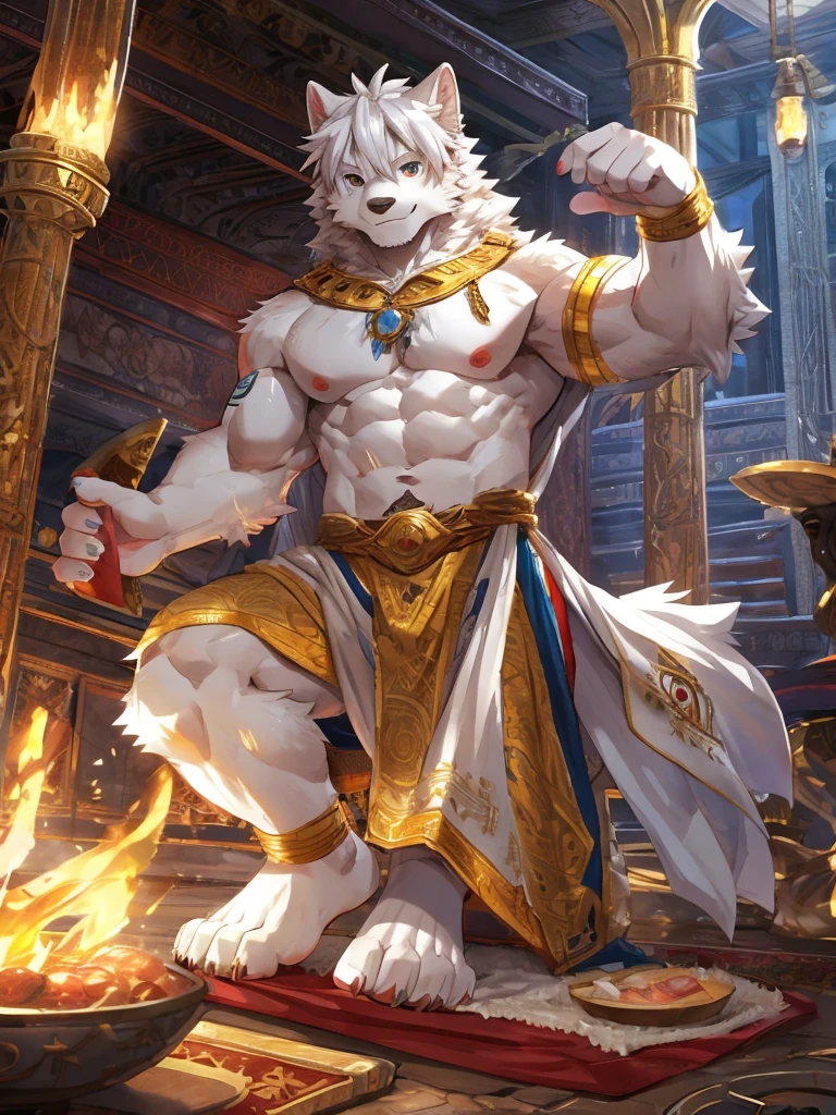 embedding:white wolf, male,best quality eyes,Single person,Toga,Costumes of ancient Greece,Gold decoration,White halo overhead,Sacred tattoos,sacred,Expressions and movements full of divinity,Feet to the camera,pink footpads,The soles of your feet face the camera,A fine meat pad,The highest quality of scene detail,adult,Tall and powerful,muscle,Best quality hands, best quality eye,detailed fur,Delicate eyes.Extreme picture quality,by sollyz,by zixiong,by milkytiger1145
